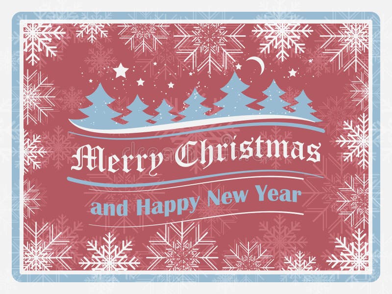 Christmas background in retro style with snowflakes, forest and ornate elements. Happy New Year card. vector illustration
