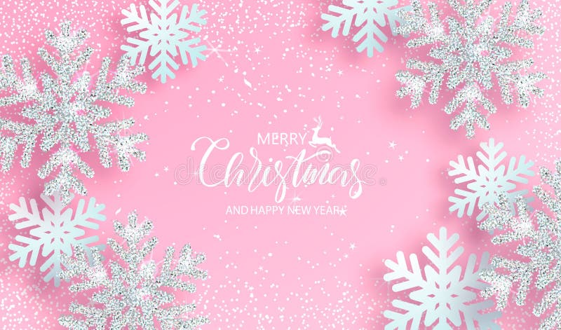 Christmas background with shiny silver snowflakes on pink background. Vector illustration.