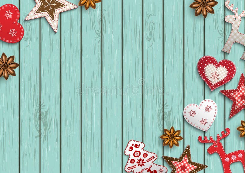Christmas background, small scandinavian styled decorations lying on blue wooden backdrop, illustration stock illustration Christmas background, small scandinavian styled decorations lying on blue wooden backdrop, illustration stock illustration
