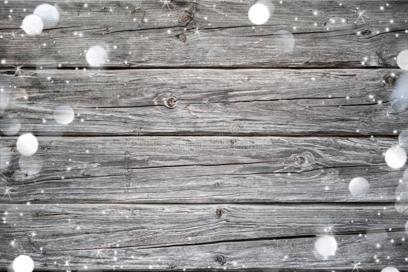 Christmas Background with Snow and Lights on Wood Stock Photo - Image ...