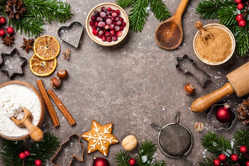Christmas background. Table for holiday baking cookies with ingredients. Copy space royalty free stock photos
