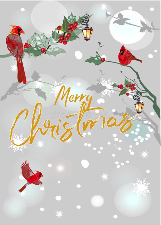 Christmas background with Christmas tree garlands, decorated with birds, Red Cardinal,  ribbons, lights.