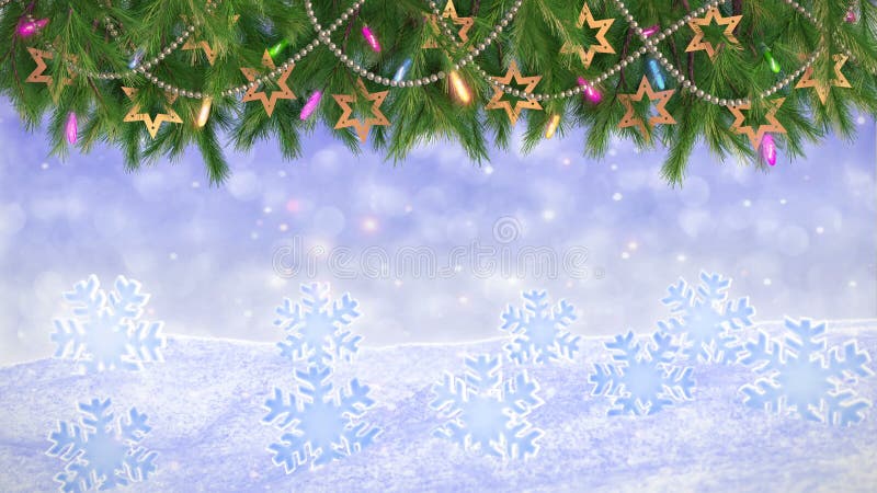 Christmas background - Twigs, lights and stars with falling snowflakes - 3D render. Seamless loop vector illustration