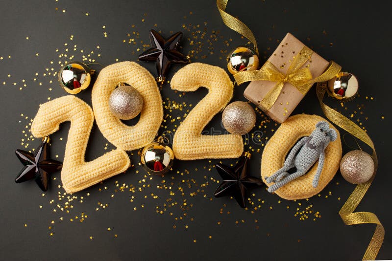 Christmas background. Xmas rat, mouse toy, symbol chinese happy new year 2020. Close up mouse toy and new year gift box. horoscope. Sign 2020. Copy space royalty free stock photo