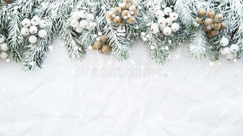 Christmas background with xmas tree on white creased background. Merry christmas greeting card, frame, banner.