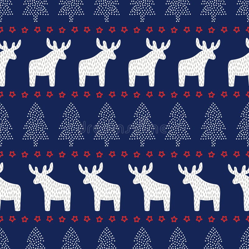 Christmas background - Xmas trees, deers and stars.