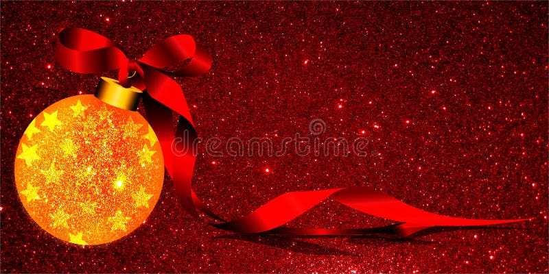 Christmas background with yellow ornament and ribbon on a red glitter background.