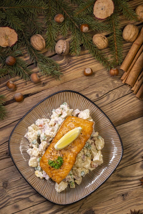 Christmas Baked Salmon with Potato Salad Stock Image Image of filet