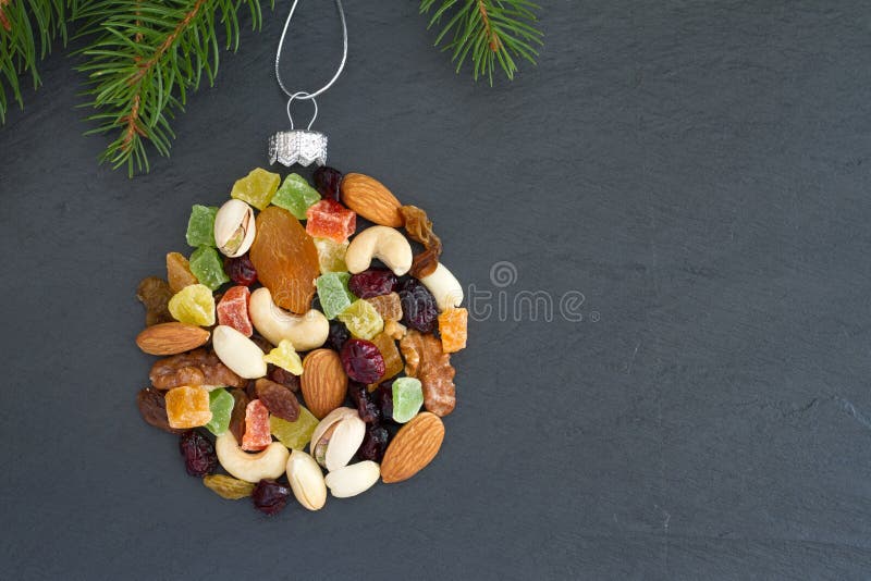 Christmas Ball Made of Mix Nuts and Dried Fruit, Baking Christmas
