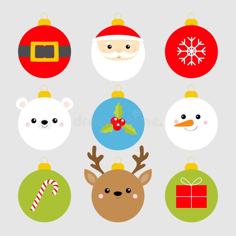 Christmas ball set. Santa Claus, bear, snowman, deer face. Belt, snowflake, holly berry, candy cane, gift box. Cute bauble toy. stock illustration Christmas ball set. Santa Claus, bear, snowman, deer face. Belt, snowflake, holly berry, candy cane, gift box. Cute bauble toy. stock illustration