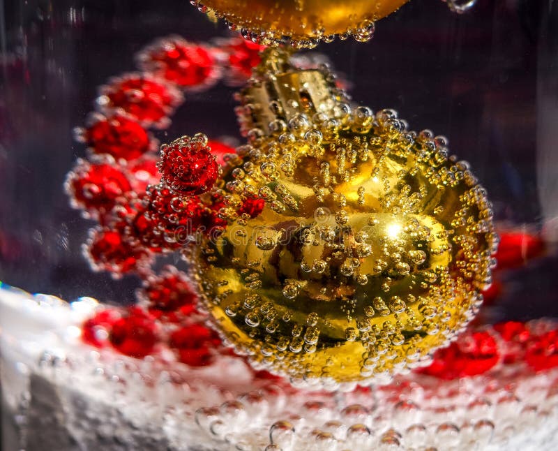 Christmas Ball in Water with Bubbles, Christmas Card Concept Stock