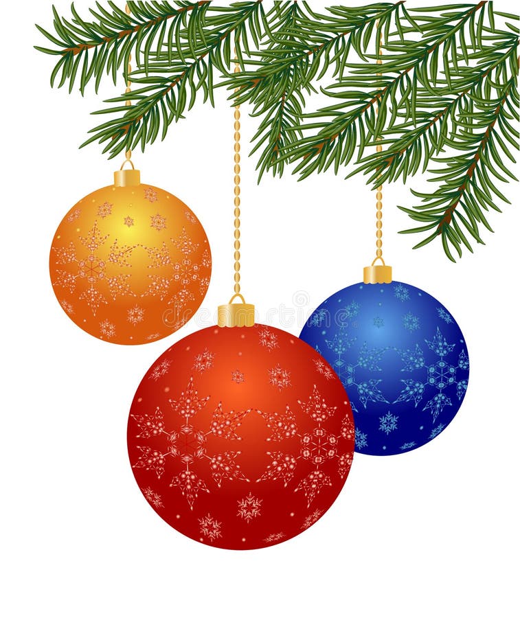 Vianočný stromček pobočky s guľou na bielom pozadí, vektorové ilustrácie.