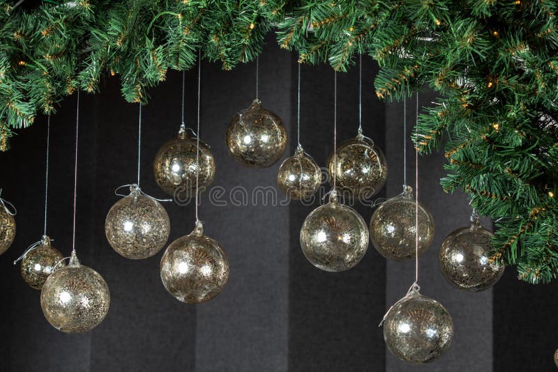 Christmas Balls. Garland of Christmas Tree Branches and Balls Stock