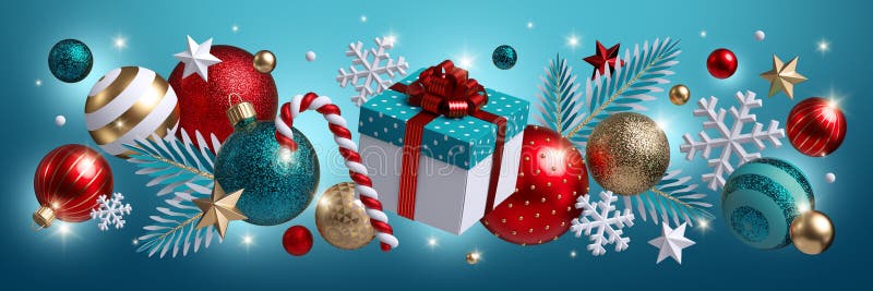 Christmas balls, ornaments, stars, snowflakes, fir tree twigs, candy cane and gift box isolated on blue blue background. Festive