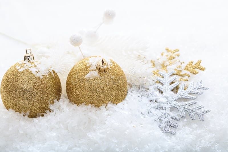 Christmas Balls and Snow on White Background Stock Photo - Image of ...