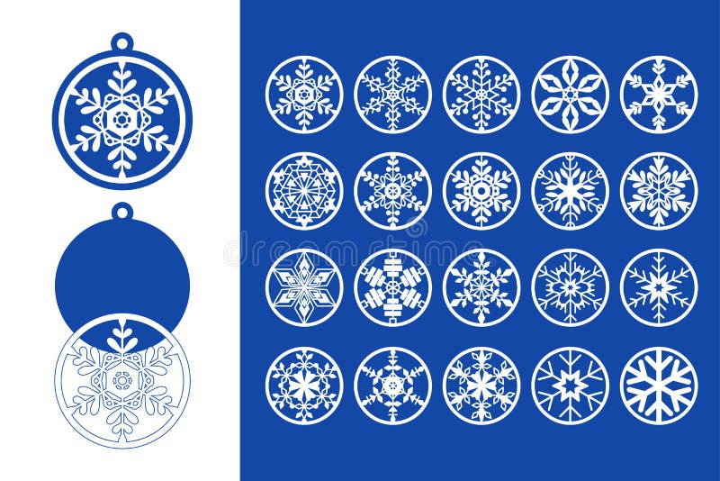 Christmas balls with snowflakes. Coasters laser cutting template. Christmas toys, decorations. Ornament design templates