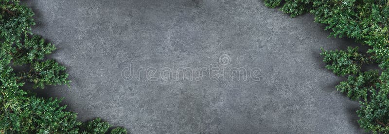 Christmas banner with corners of fluffy green fir branches on a textured dark gray background