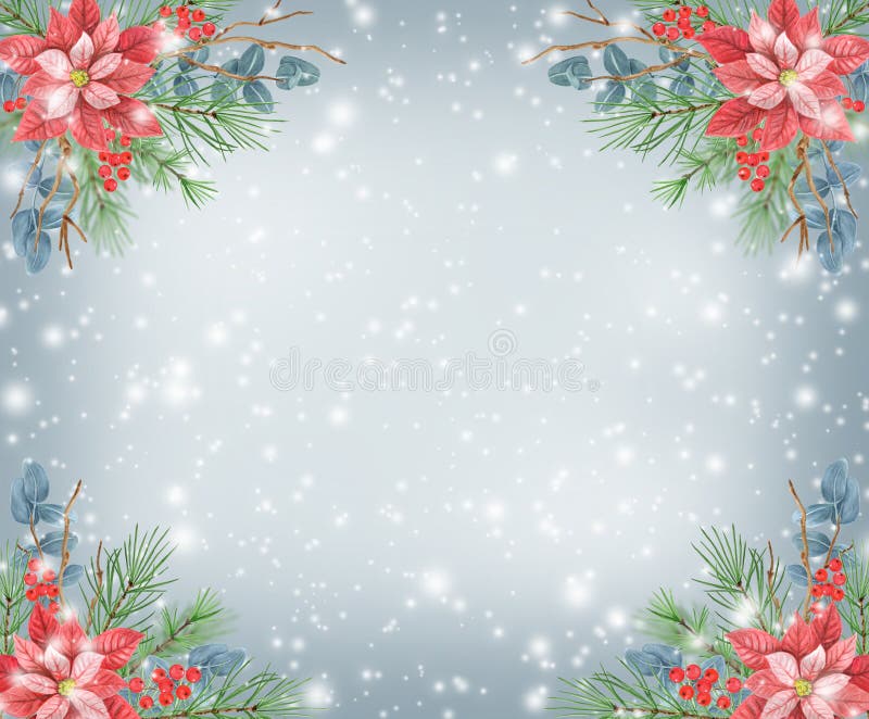 Christmas banner with decorative  ornament with poinsettia, greenery, spruce, pine tree twig and holly berries against background