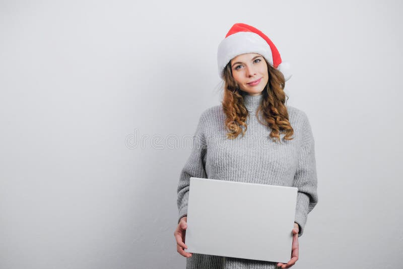 Download Christmas Banner Mockup. Attractive Young Woman In Santa ...