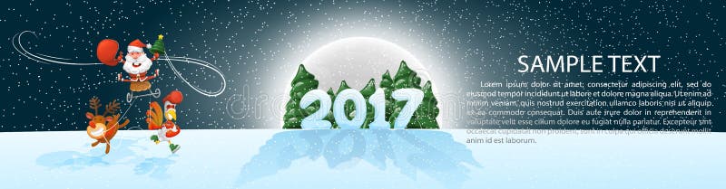 Christmas, banner 2017, panoramma. Jolly Santa on sleigh with deer and a rooster. Vector illustration with design elements. vector illustration Christmas, banner 2017, panoramma. Jolly Santa on sleigh with deer and a rooster. Vector illustration with design elements. vector illustration