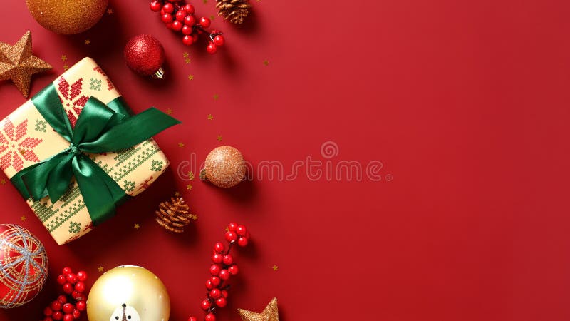 Christmas banner template. Gift box with green ribbon bow, vintage baubles, decorations on red background