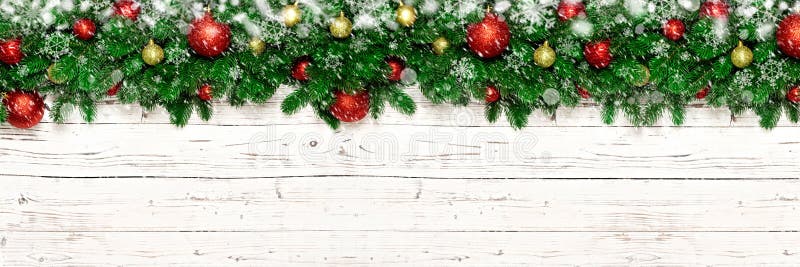 Christmas banner on white wooden background with snow, snowflake, fir tree branches. Xmas decoration top view with copy space