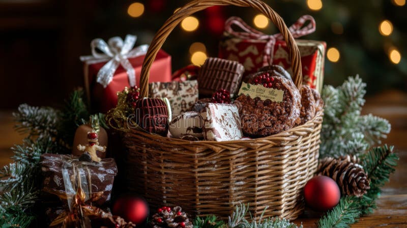 Christmas Basket Filled with Treats and Presents vector illustration