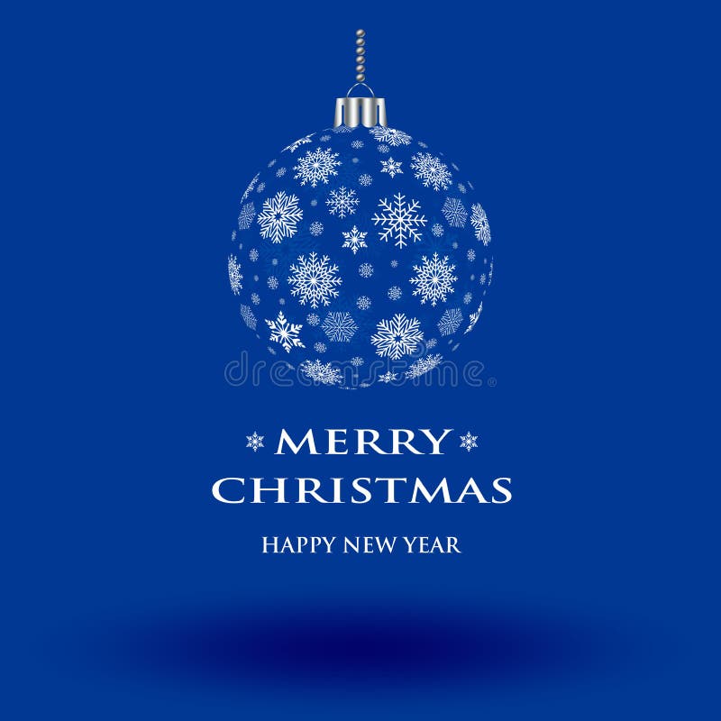 Christmas bauble vector with snowflakes on blue background. Christmas ornament or ball with merry Christmas and happy new year tex