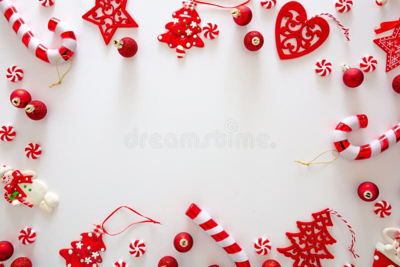 Christmas Baubles and Candies Flat Lay Against White Background, Xmas ...