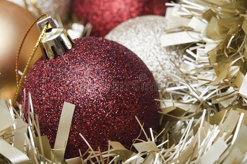 Christmas Baubles and Tinsel Macro Stock Image Image of ornaments