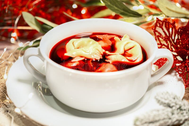 Christmas beetroot soup, traditional Polish Christmas beetroot soup with dumplings stock images