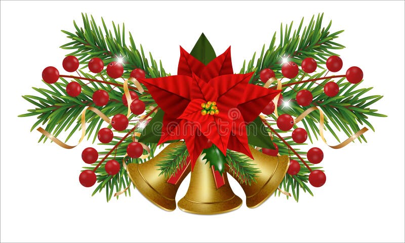 Christmas bells golden with Christmas flowers poinsettia. Happy New Year border with garland Christmas tree branches and holly