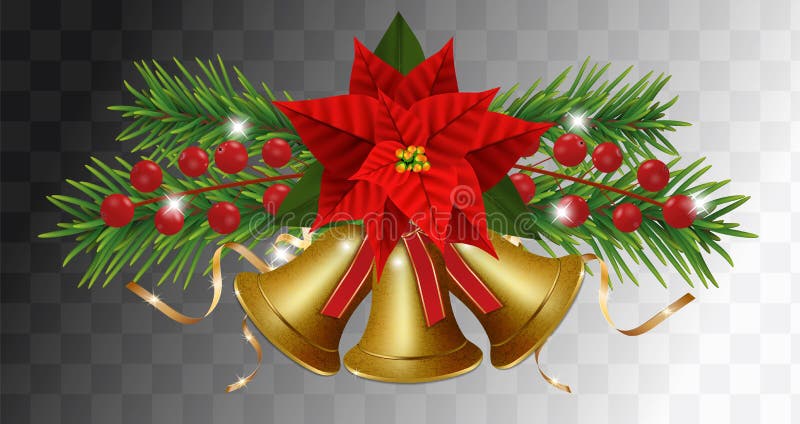 Christmas bells golden with Christmas flowers poinsettia on transparent background. Happy New Year border with garland Christmas