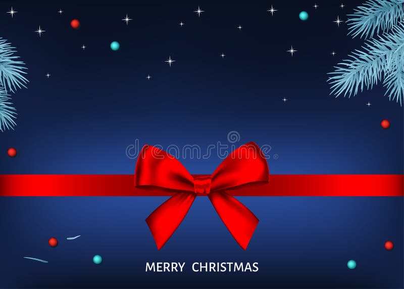 Christmas blue background with red gift bow, ribbon, silver fi