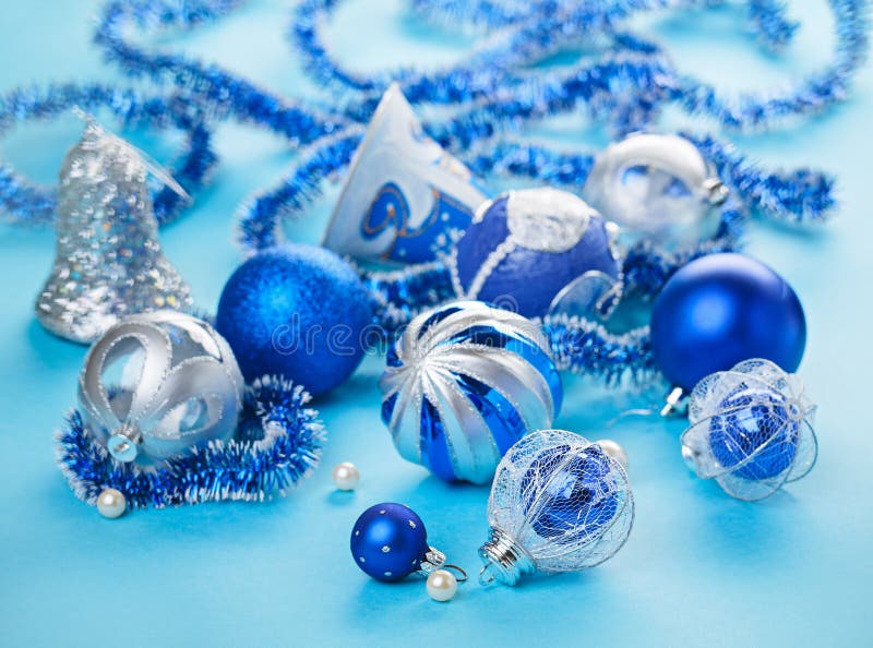 Many Christmas Decorations Toys on Light Blue Stock Image - Image of ...