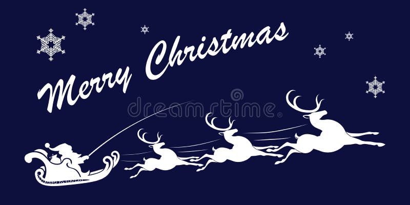 Christmas Blue Drawing, Santa Claus Rides in a Sleigh with Reindeer
