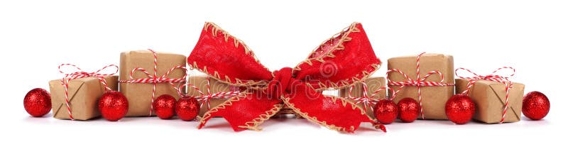 Christmas border with brown and white gift boxes and red bow isolated royalty free stock photography Christmas border with brown and white gift boxes and red bow isolated royalty free stock photography