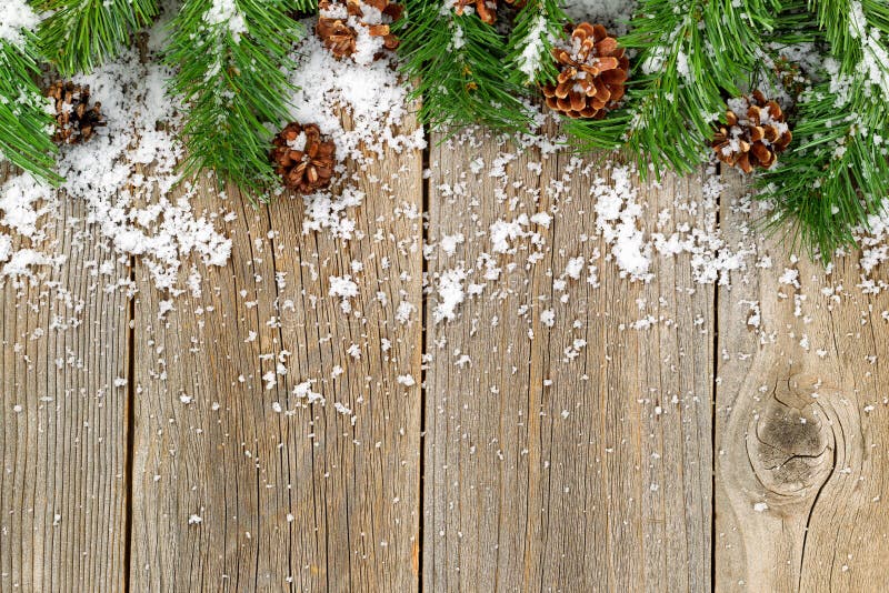 Christmas holiday border with evergreen branches on rustic cedar