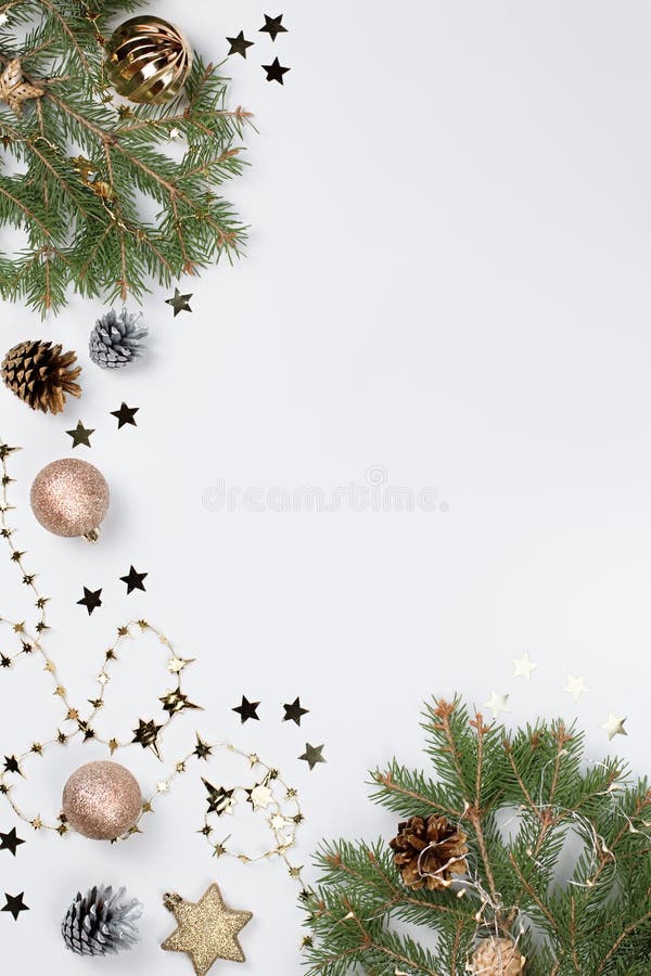 Christmas Border with Golden Decorations on White Background with Green ...