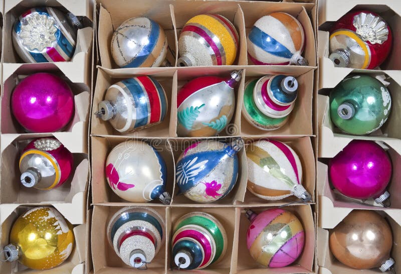 Old Style Christmas Tree Decorations in the Box. Stock Photo Image of