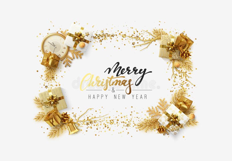 Christmas bright background with golden decorations. Xmas greeting card. Happy New Year. Festive objects in the form of stock illustration