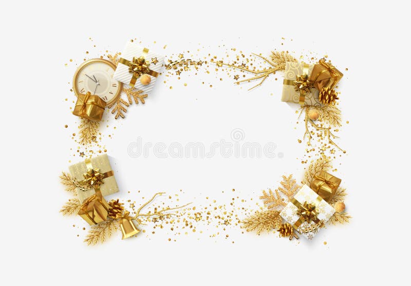Christmas bright background with golden decorations. Xmas greeting card. Happy New Year. Festive objects in the form of vector illustration