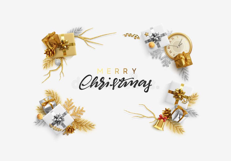 Christmas bright background with golden decorations. Xmas greeting card. Happy New Year. Festive objects in the form of stock illustration