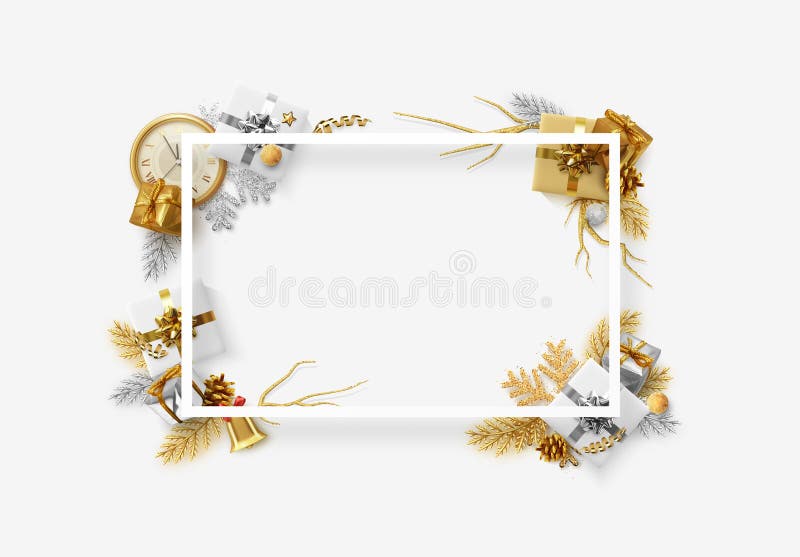 Christmas bright background with golden decorations. Xmas greeting card. Happy New Year. Festive objects in the form of stock illustration