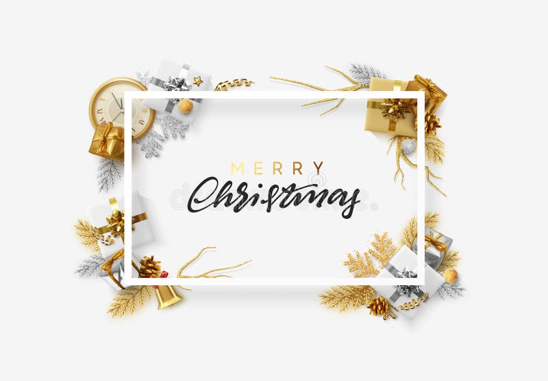 Christmas bright background with golden decorations. Xmas greeting card. Happy New Year. Festive objects in the form of royalty free illustration