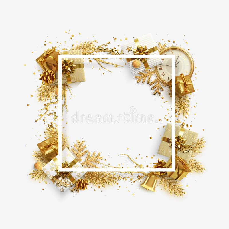 Christmas bright background with golden decorations. Xmas greeting card. Happy New Year. Festive objects in the form of stock illustration