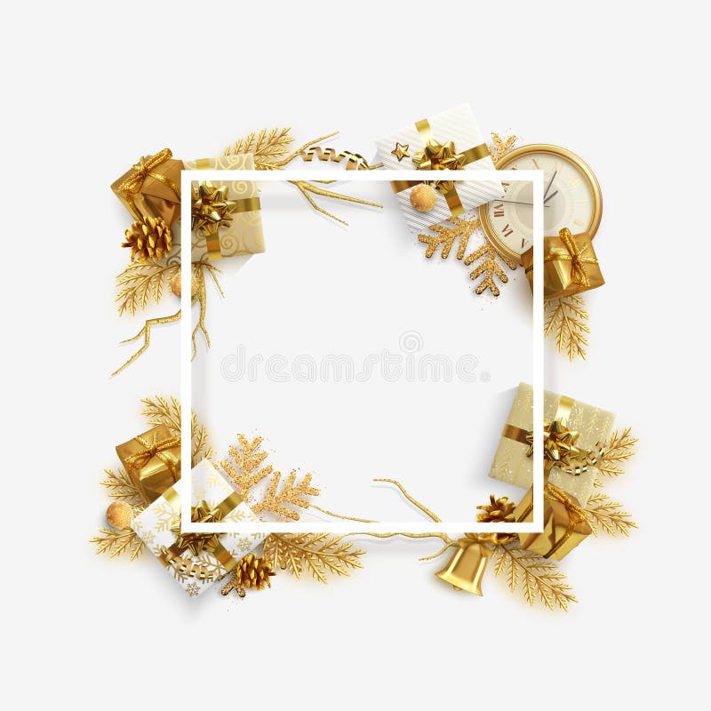 Christmas bright background with golden decorations. Xmas greeting card. Happy New Year. Festive objects in the form of royalty free illustration