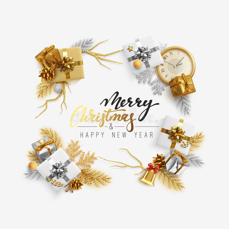 Christmas bright background with golden decorations. Xmas greeting card. Happy New Year. Festive objects in the form of royalty free illustration