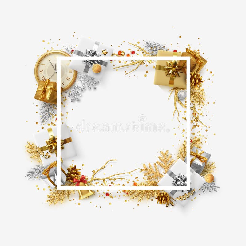 Christmas bright background with golden decorations. Xmas greeting card. Happy New Year. Festive objects in the form of royalty free illustration