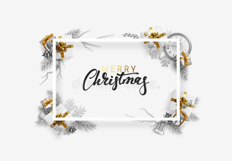 Christmas bright background with silver decorations. Xmas greeting card. Happy New Year. Festive objects in the form of stock illustration